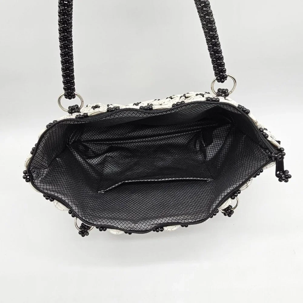 Vintage Glass Beaded Medium Black Pearl White Floral Shoulder Bag Coin Purse Set